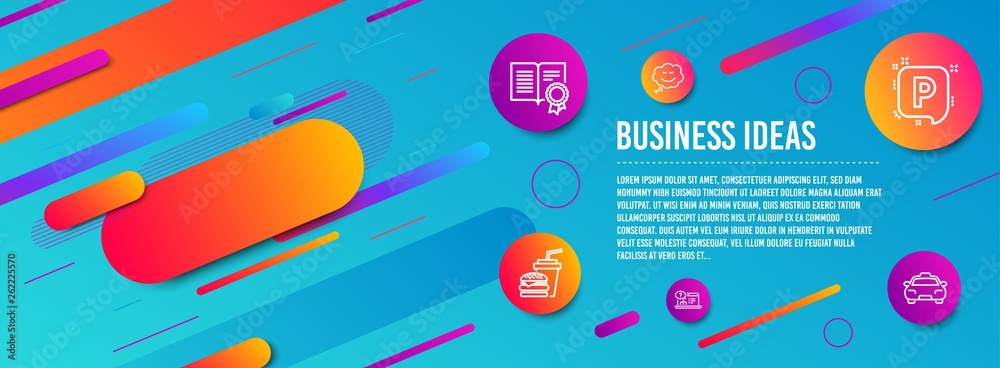 Header banner. Online help, Hamburger and Diploma icons simple set. Parking, Speech bubble and Taxi signs. Web support, Burger with drink. Business set. Line online help icon. Gradient elements Header banner. Online help, Hamburger and Diploma icons simple set. Parking, Speech bubble and Taxi signs. Web support, Burger with drink. Business set. Line online help icon. Gradient elements