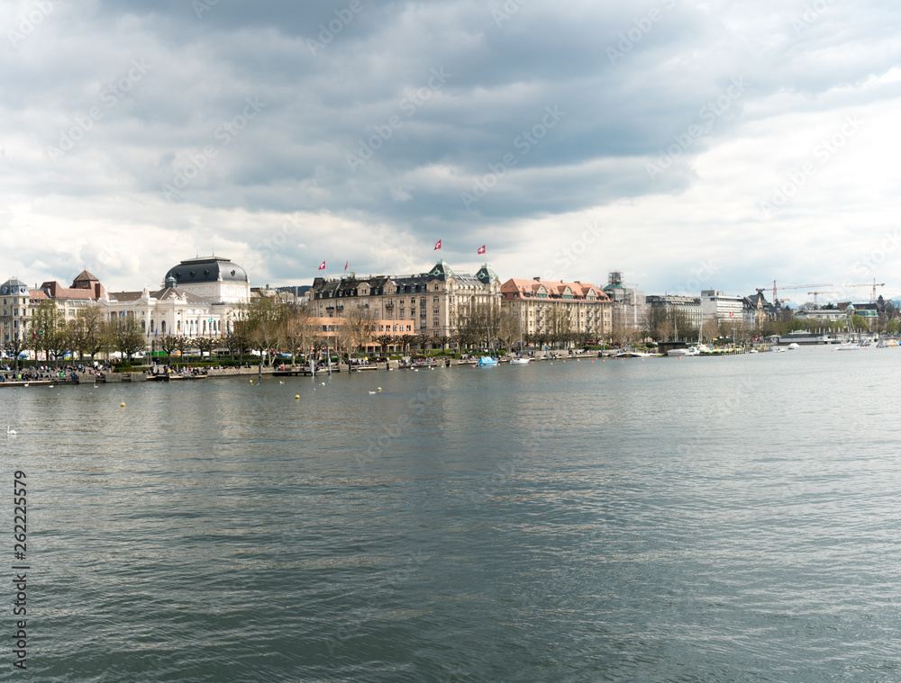 view of Lake Zurich and downtown  Zurich with the opera house