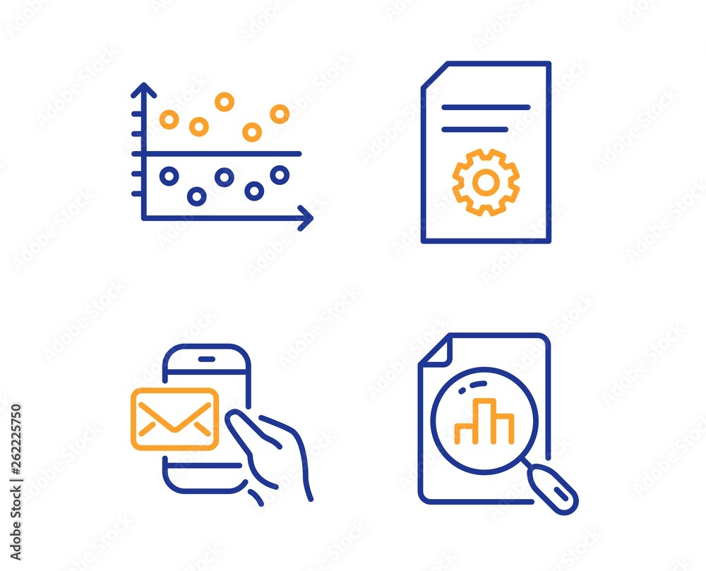 Fototapeta premium Dot plot, Messenger mail and File settings icons simple set. Analytics graph sign. Presentation graph, New e-mail, File management. Chart report. Business set. Linear dot plot icon. Vector