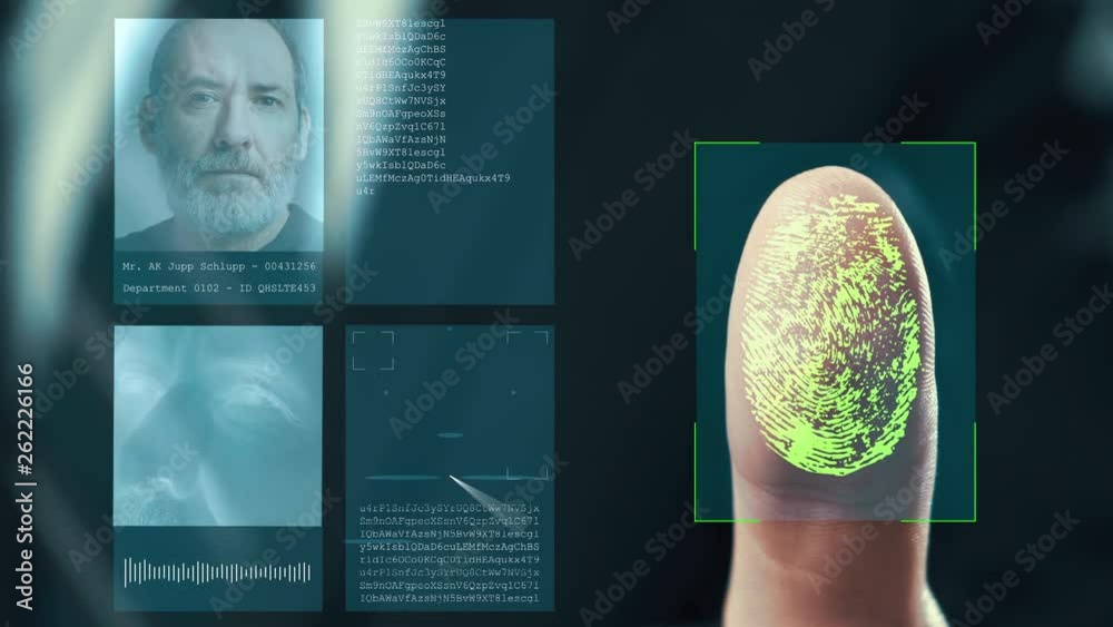 Futuristic digital processing of fingerprints as man holds his hand against a  modern fingerprint scanner. Futuristic digital technology and transparent citizen concept.
