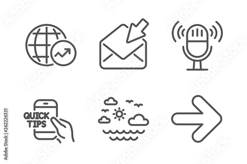 Microphone, Travel sea and Open mail icons simple set. World statistics, Education and Next signs. Mic, Summer holidays. Business set. Line microphone icon. Editable stroke. Vector