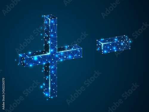 plus minus sign 3D low poly abstract illustration consisting of points, lines, and shapes in the form of planets, stars and the universe. Vector wireframe concept.