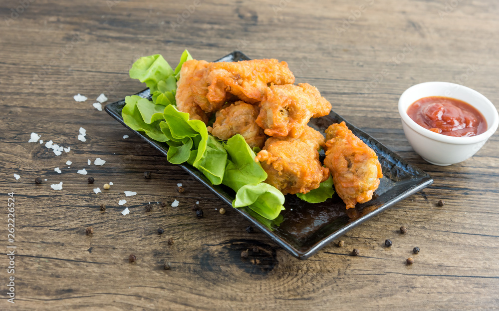 crispy kentucky fried chicken in a wooden table junk food and