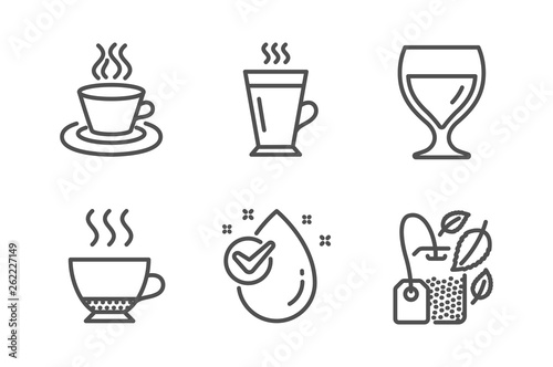 Latte, Wine glass and Espresso icons simple set. Tea cup, Water drop and Mint bag signs. Tea glass mug, Cabernet wineglass. Food and drink set. Line latte icon. Editable stroke. Vector