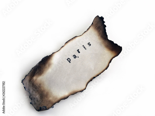 Paris Stamped on an old burned Paper, Fire april 2019
