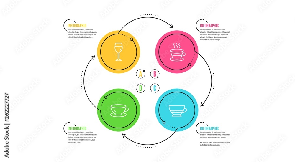 Espresso, Coffee cup and Wine glass icons simple set. Infographic timeline. Bombon coffee sign. Tea mug, Bordeaux glass, Cafe bombon. Food and drink set. Cycle infographic. Vector Espresso, Coffee cup and Wine glass icons simple set. Infographic timeline. Bombon coffee sign. Tea mug, Bordeaux glass, Cafe bombon. Food and drink set. Cycle infographic. Vector