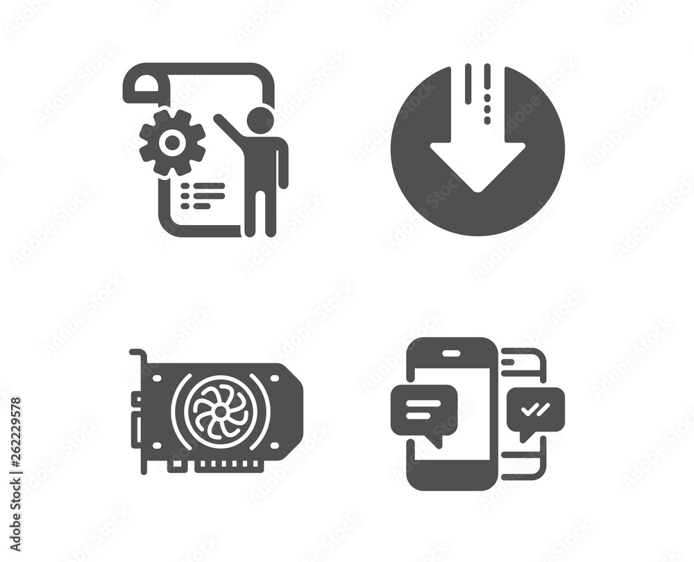 Set of Download arrow, Gpu and Settings blueprint icons. Smartphone sms  sign. Crisis, Graphic card, Engineering cogwheel. Mobile messages. Classic  design download arrow icon. Flat design. Vector Stock Vector | Adobe Stock