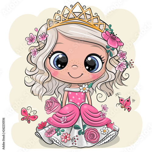 Cartoon Princess with flowers on a yellow background