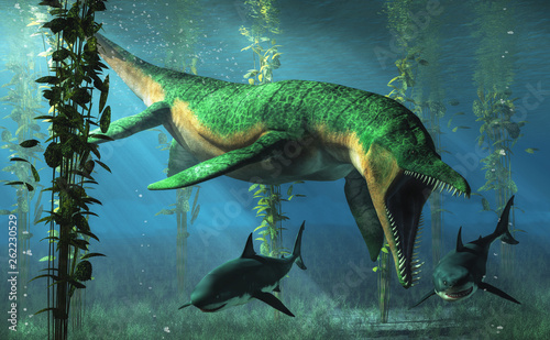 Liopleurodon was a pliosaur and apex predator of the Jurassic seas. Here  the green sea monster hunts sharks in shallow waters in a kelp forest.