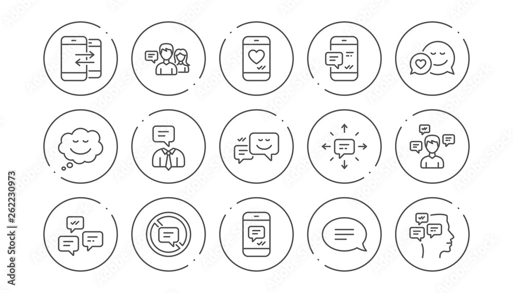 Message and Communication icons. Group chat, Speech bubble and Sms. Contact linear icon set. Line buttons with icon. Editable stroke. Vector