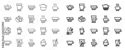 Coffee types and Tea icons. Set of Latte, Frappe and Cappuccino icons. Espresso, Doppio and Cafe Crema. Americano, Whipped cream latte and Coffee with ice. Mocha cafe, Herbal, Mint tea cups. Vector