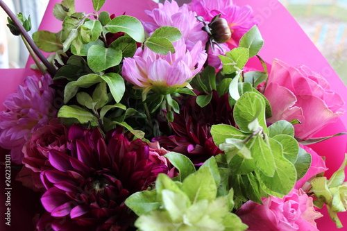 bouquet of dahlias and roses