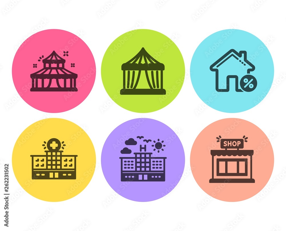 Hotel, Loan house and Hospital building icons simple set