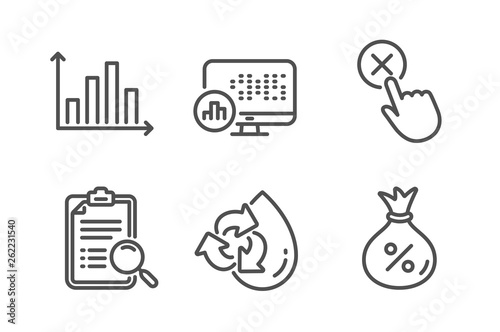 Diagram graph, Reject click and Report statistics icons simple set. Search analysis, Recycle water and Loan signs. Presentation chart, Delete button. Business set. Line diagram graph icon. Vector