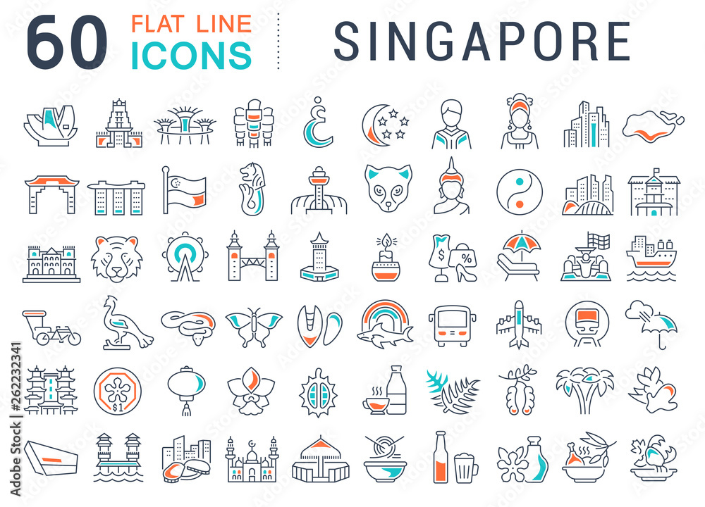 Set Vector Line Icons of Singapore.