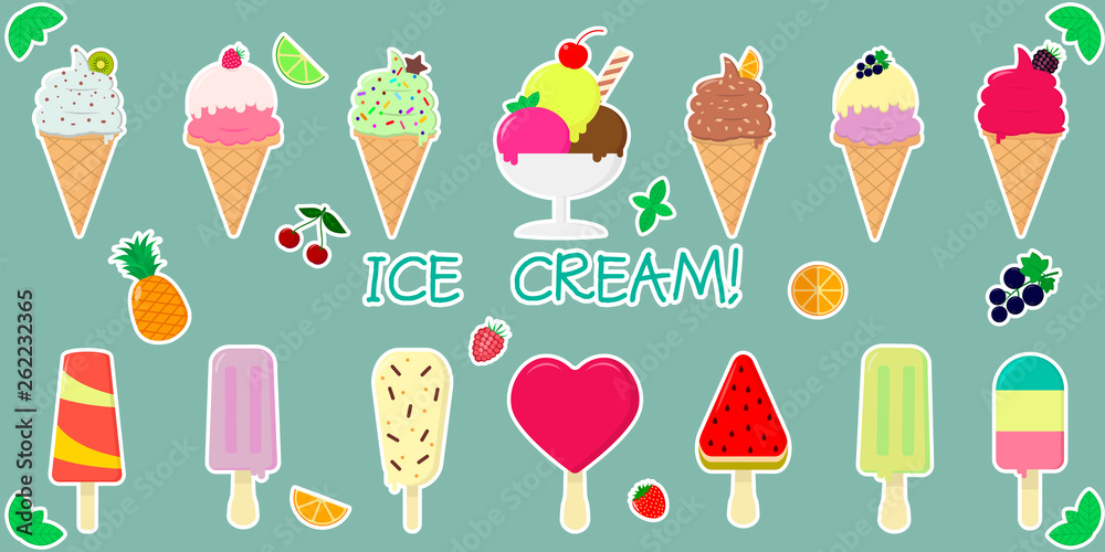 Φωτογραφία A set of fourteen stickers of various sweet ice cream, in a waffle cup and on a stick, juicy fruits and berries in a white stroke on a green background and text