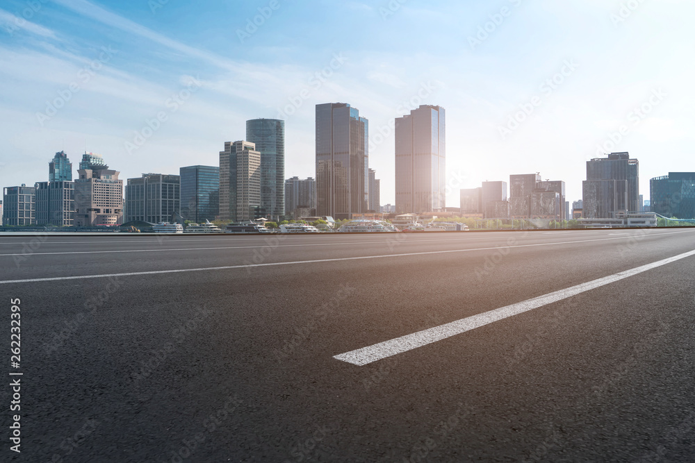 Empty Asphalt Road Through Modern City of Shanghai, China.. Empty Asphalt Road Through Modern City of Shanghai, China..