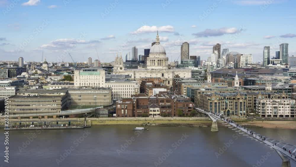 Panoramic Aerial View of London City, with St Paul's Cathedral and Millennium bridge, Timelapse Panoramic Aerial View of London City, with St Paul's Cathedral and Millennium bridge, Timelapse
