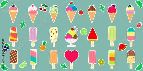 Mega set of twenty-one stalkers of various sweet ice-cream, in a waffle cup and on a stick, juicy fruits and berries in a white stroke on a green background and text. Flat style vector illustration