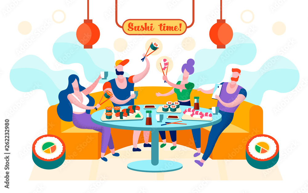 Fototapeta premium Flat Sushi Time is Written Vector Illustration.