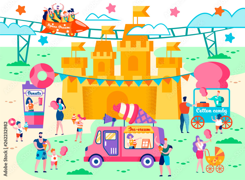 Food Court in an Amusement Park Flat Cartoon. Food Court in an Amusement Park Flat Cartoon.
