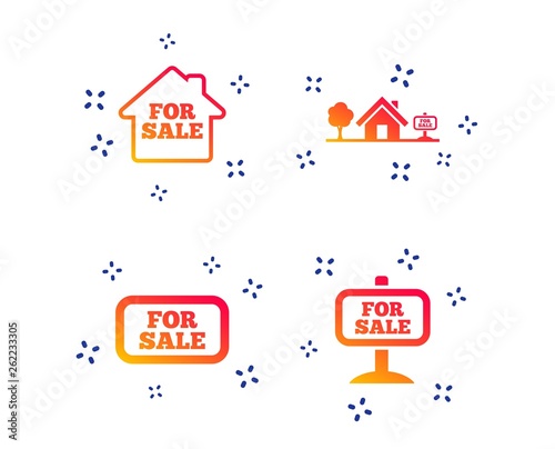 For sale icons. Real estate selling signs. Home house symbol. Random dynamic shapes. Gradient real-estate icon. Vector