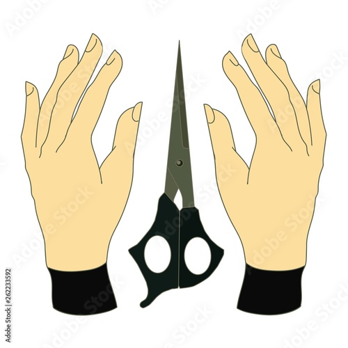 two hands with a scissors vector art isolated in white