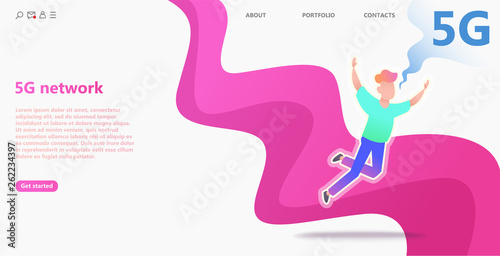 5G network concept. Cartoon character uses fast mobile internet lte.   Wireless technology vector illustration. Global network technology   concept use for business web template or mobile app. Vector
