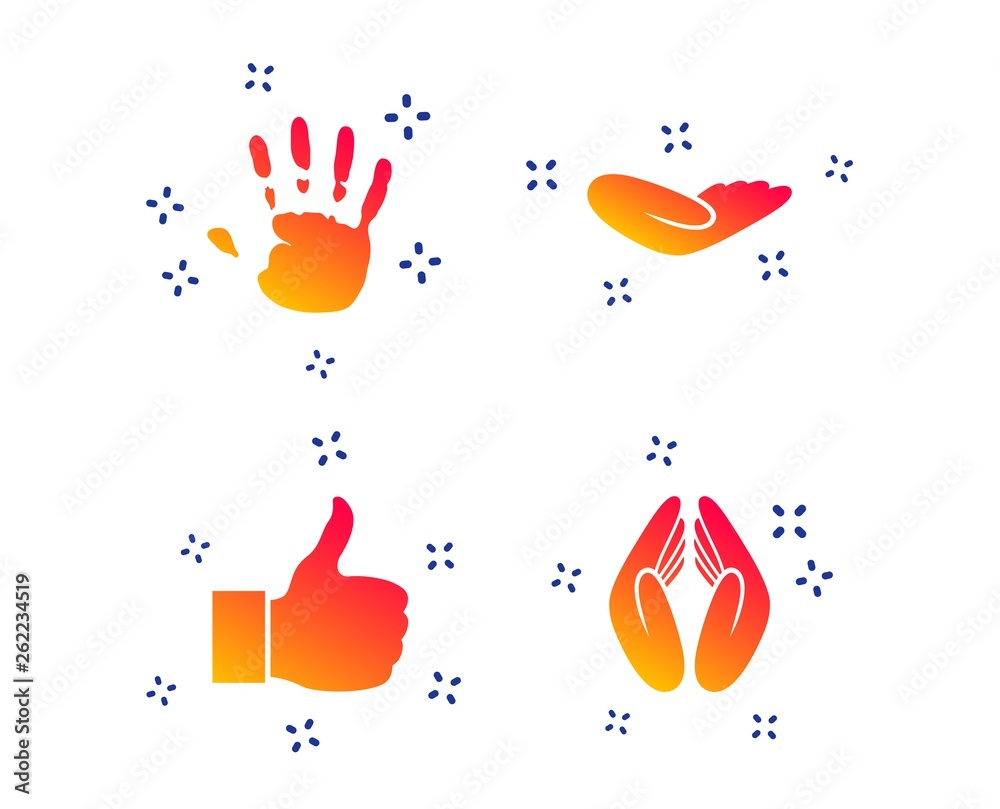 Hand icons. Like thumb up symbol. Insurance protection sign. Human helping donation hand. Prayer hands. Random dynamic shapes. Gradient like icon. Vector Hand icons. Like thumb up symbol. Insurance protection sign. Human helping donation hand. Prayer hands. Random dynamic shapes. Gradient like icon. Vector