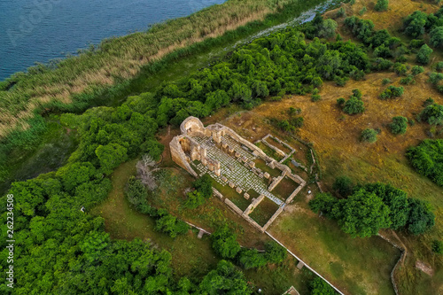 aerial view of island of Agios Achilios in lake Small Prespes, Greece photo