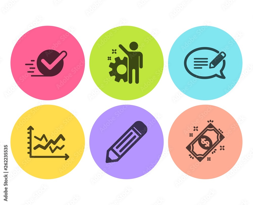 Diagram chart, Message and Employee icons simple set. Pencil, Checkbox and Payment signs. Presentation graph, Speech bubble. Education set. Flat diagram chart icon. Circle button. Vector Diagram chart, Message and Employee icons simple set. Pencil, Checkbox and Payment signs. Presentation graph, Speech bubble. Education set. Flat diagram chart icon. Circle button. Vector