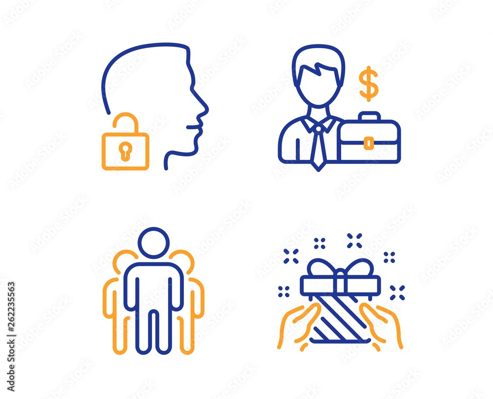 Group, Unlock system and Businessman case icons simple set. Gift sign. Managers, Access granted, Human resources. Present. People set. Linear group icon. Colorful design set. Vector Group, Unlock system and Businessman case icons simple set. Gift sign. Managers, Access granted, Human resources. Present. People set. Linear group icon. Colorful design set. Vector
