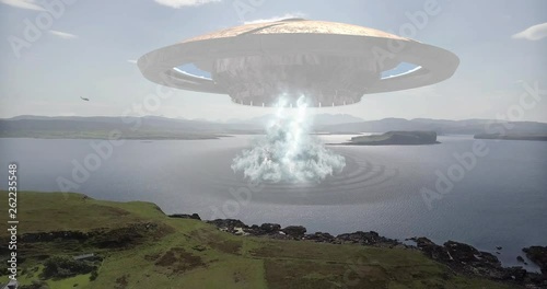 Alien Spaceship Hovering over sea sendig beam of laser light to the sea with helicopters Powerful Video Compositing simulates Real footage with visual effects elements of Alien ufo spaceship Hovering 