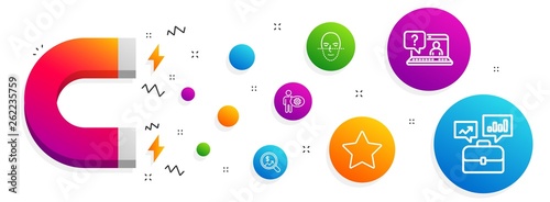 Magnet attracting. Currency audit, Star and Faq icons simple set. Cogwheel, Face recognition and Business portfolio signs. Money chart, Best rank. Science set. Line currency audit icon. Vector
