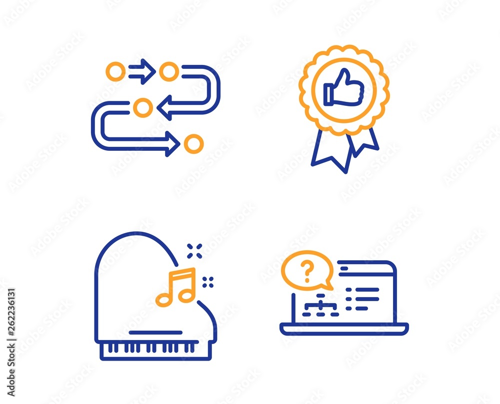 Piano, Methodology and Positive feedback icons simple set. Online help sign. Fortepiano, Development process, Award medal. Web support. Linear piano icon. Colorful design set. Vector Piano, Methodology and Positive feedback icons simple set. Online help sign. Fortepiano, Development process, Award medal. Web support. Linear piano icon. Colorful design set. Vector