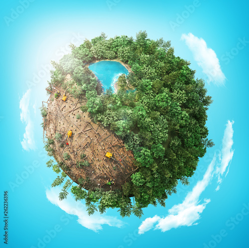 Cutting down of tree. Ecology concept. Stumps in the planet. 3d illustration