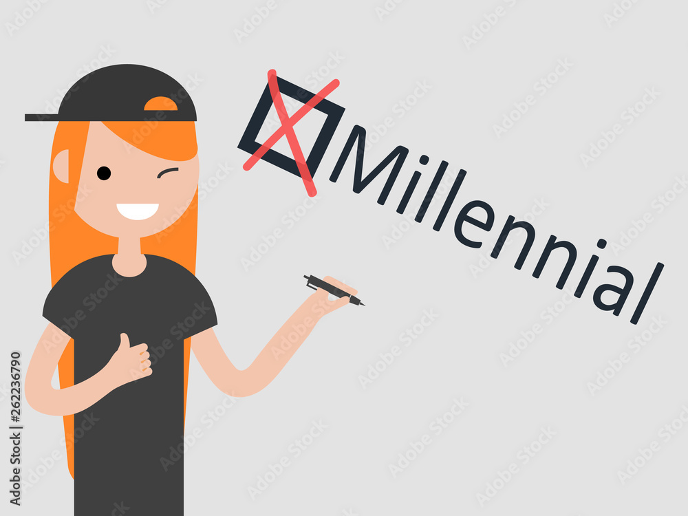 Millennial.Young character with pen shows checkbox with a cross on grey background. Checklist concept.Flat cartoon design Millennial.Young character with pen shows checkbox with a cross on grey background. Checklist concept.Flat cartoon design