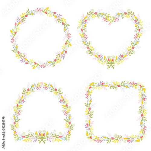 Set of four frames of different shapes with flowers and branches with leaves for festive design and decoration. Isolated vector color on white background.