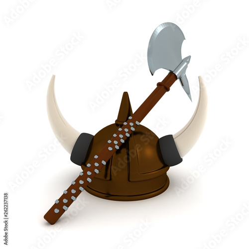 3D Rendering of viking axe and helmet photo