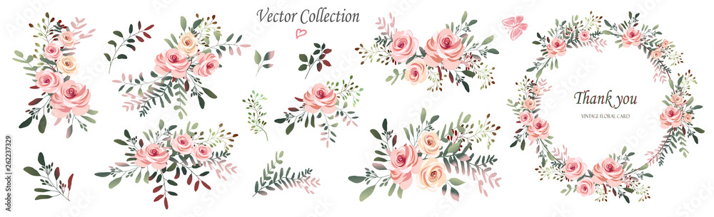 Vector. Wreaths.  Botanical collection of wild and garden plants. Set: leaves, flowers, branches, pink roses,floral arrangements, natural elements.