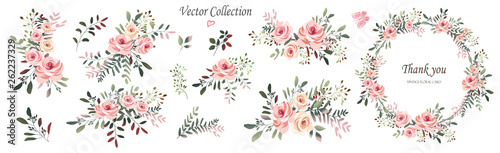 Vector. Wreaths.  Botanical collection of wild and garden plants. Set: leaves, flowers, branches, pink roses,floral arrangements, natural elements.