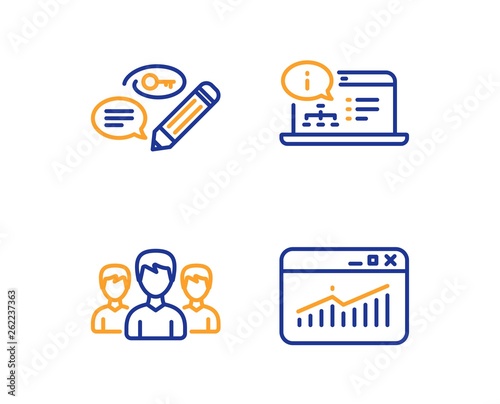 Keywords, Group and Online documentation icons simple set. Website statistics sign. Pencil with key, Group of people, Web engineering. Data analysis. Linear keywords icon. Colorful design set. Vector