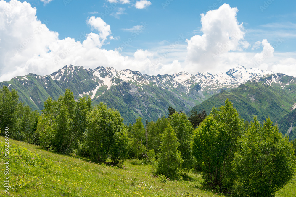 Mestia, Georgia - Jun 22 2018: Caucasus Mountain view from Peak of Zuruldi Mountain. a famous landscape in Mestia, Samegrelo-Zemo Svaneti, Georgia.