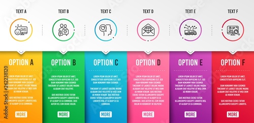 Smile, Dating chat and Romantic talk icons simple set. Web mail, Truck delivery and Seo analytics signs. Positive feedback, People love. Technology set. Infographic template. 6 steps timeline. Vector