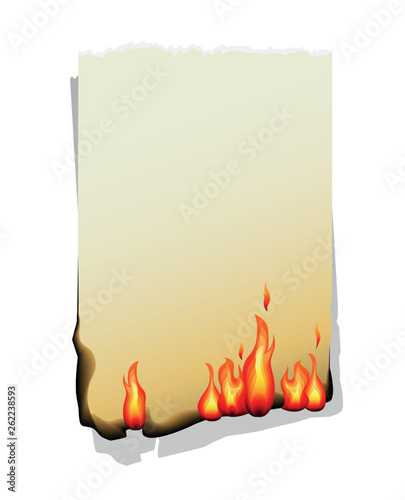 Burning sheet of paper isolated on white background. Vector Illustration.