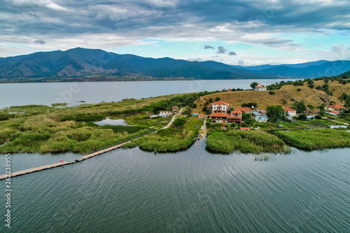 aerial view of island of Agios Achilios in lake Small Prespes, Greece photo