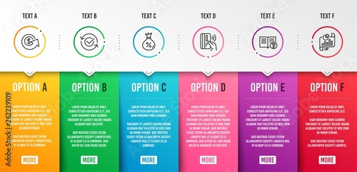 Contactless payment, Help and Loan icons simple set. Approved, Dollar exchange and Report document signs. Bank money, Documentation. Technology set. Infographic template. 6 steps timeline. Vector