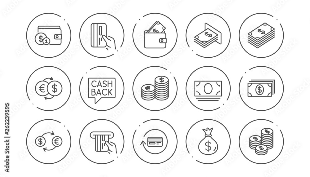Money and payment line icons. Cash, Wallet and Coins. Account cashback linear icon set. Line buttons with icon. Editable stroke. Vector Money and payment line icons. Cash, Wallet and Coins. Account cashback linear icon set. Line buttons with icon. Editable stroke. Vector