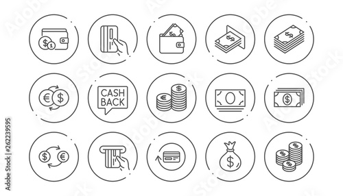 Money and payment line icons. Cash, Wallet and Coins. Account cashback linear icon set. Line buttons with icon. Editable stroke. Vector