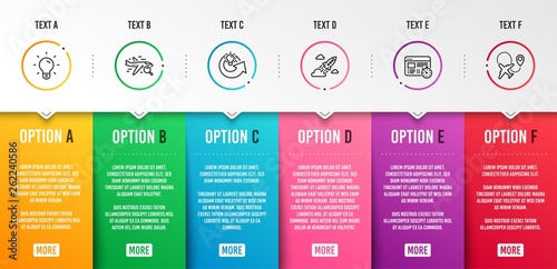 Web timer, Share idea and Search flight icons simple set. Light bulb, Startup rocket and Airplane signs. Online test, Solution. Technology set. Infographic template. 6 steps timeline. Business options